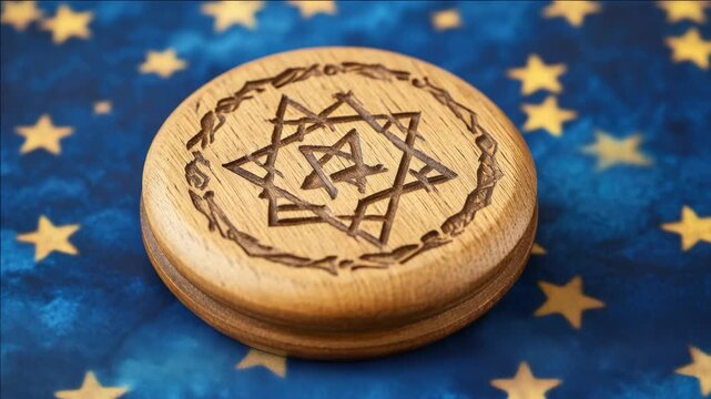 Wooden jewelry with star and hexagram design, possibly Jewish or Kabbalah related symbolism.