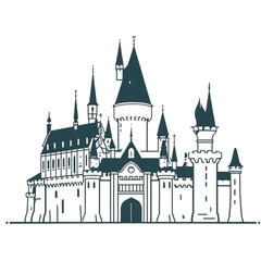 Obraz premium Enchanting medieval castle silhouette with dramatic spires and intricate details. Evokes fantasy, history, and timeless wonder. Ideal for projects needing a touch of magic and grandeur.
