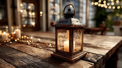 A rustic wooden table is adorned with a vintage lantern and flickering candles, creating a warm and inviting ambiance.