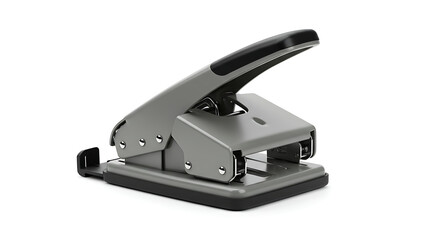 Close-up of Gray and Black Hole Punch Tool Set Against a Clean White Background in a Studio Setting