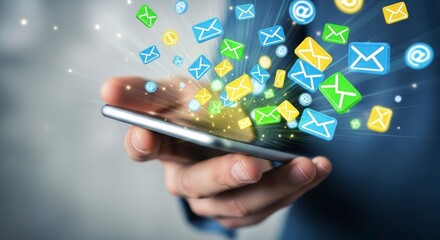 A hand holds a smartphone, displaying a graphic of numerous email icons bursting outward, representing a high volume of incoming messages.
