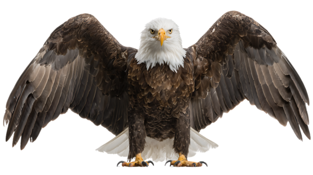 Bald eagle with wings spread, isolated on transparent background