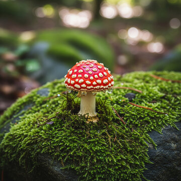 beautiful mushrooms on mossy rocks
