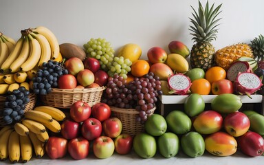 Abundant display of fresh fruits including bananas, apples, grapes, oranges, and pineapple