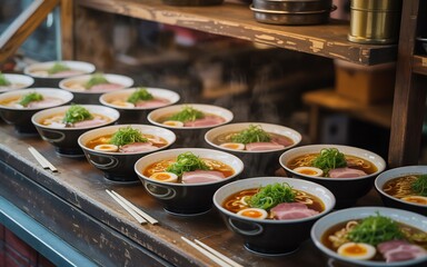 A row of delicious ramen bowls with broth, noodles, meat, and egg, ready to be served at a restaurant