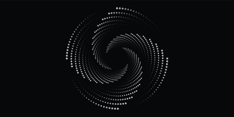 Modern abstract background. Halftone dots in circle form. Spiral logo, icon or design element. Black dots on a white background and white dots on the black side.