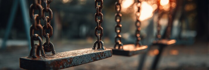 Rusty swing chains at sunset in a quiet urban playground