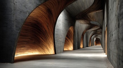 A long, arched concrete hallway with undulating wooden interior surfaces and warm, indirect lighting creating a dramatic and modern architectural space.