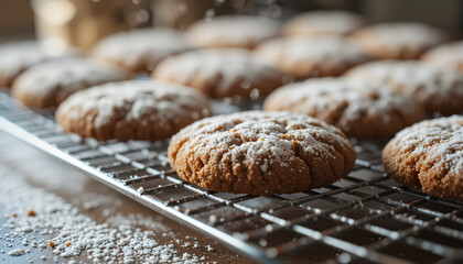 Close-up of gingerbread cookies with powdered sugar falling under warm kitchen light