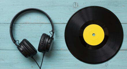 Vintage headphones and vinyl record, evoking nostalgia for classic music and analog sound experiences on a wooden background