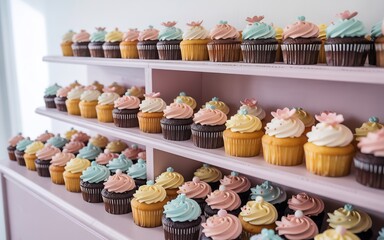 A colorful display of assorted cupcakes with frosting and decorations arranged on shelves in a bakery