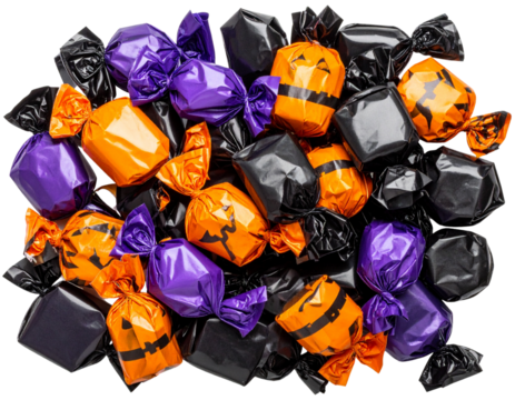 Pile of Halloween Candy in Wrappers, Assorted Colors and Shapes, isolated on transparent background