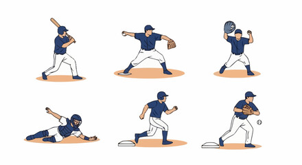 Baseball Player Action Set, Vector Illustration for Sports Training, Game Strategy, and Educational Resources on Baseball Fundamentals
