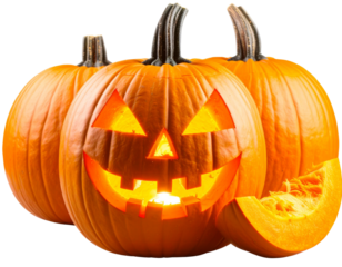 Spooky Jack-o’-Lantern with Menacing Smile, Glowing from Within, isolated on transparent background
