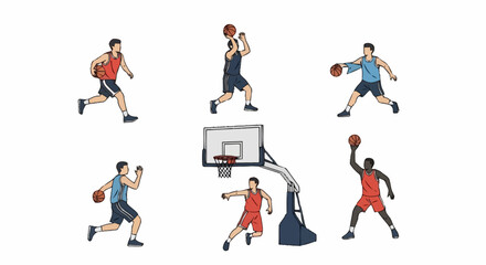 Basketball Players in Action Collection for Sports Illustration and Educational Resources, Ideal for Coaching Materials and Game Design Projects