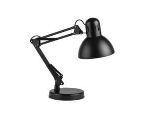 Modern Black Architect Desk Lamp in Upright Position with Adjustable Arm, Front View, Isolated PNG