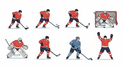 Set of Hockey Players in Action Poses for Sports Illustration and Design Projects, Showcasing Dynamic Movements and Team Spirit in Graphic Design and Marketing Materials.