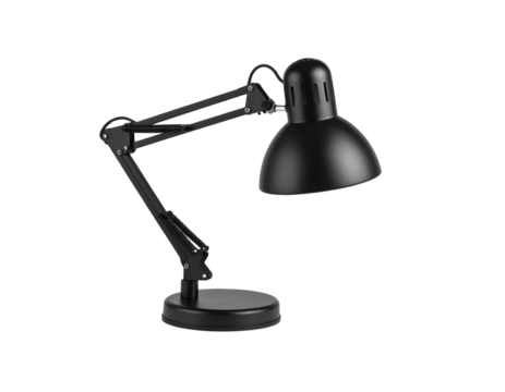 Modern Black Architect Desk Lamp in Upright Position with Adjustable Arm, Front View, Isolated PNG