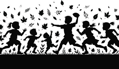 Kids Playing Football Silhouette in Autumn Leaves – Thanksgiving Tradition Scene