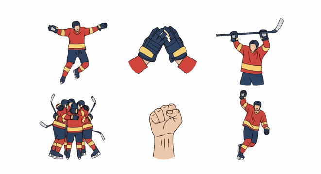 Hockey Player Illustrations Depicting Victory, Teamwork, and Sportsmanship for Game Promotions and Fan Engagement Materials