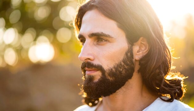 Close-up profile of a man with long brown hair and beard, sunlight highlighting his face