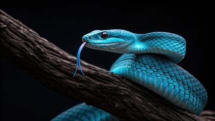 Blue viper on a branch with its tongue out against a dark background