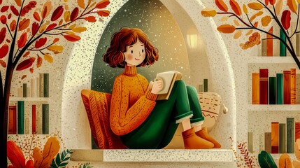 A girl is reading a book in a cozy room with a fireplace. The room is decorated with autumn leaves and bookshelves filled with books. The girl is wearing a sweater and he is enjoying her book