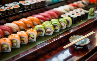 A long platter filled with a variety of sushi rolls and nigiri, featuring salmon, avocado, and tuna, with chopsticks and soy sauce dish