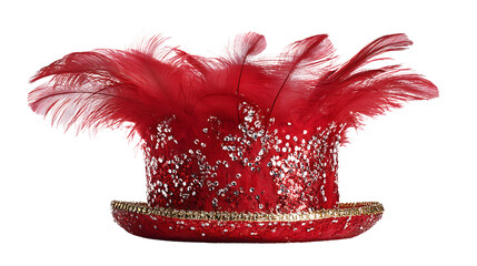 Red feathered hat with glitter isolated on transparent background