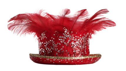 Red feathered hat with glitter isolated on transparent background