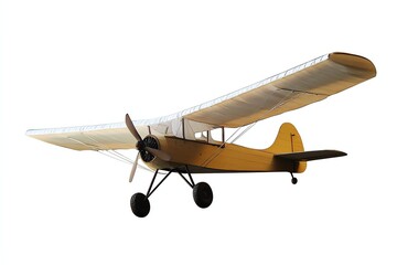 Vintage yellow airplane isolated on white background, showcasing classic aviation design and nostalgia of early flight.