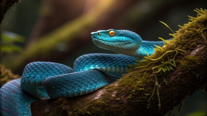 Fototapeta premium Close up of a blue viper snake on a branch in the jungle of costa rica