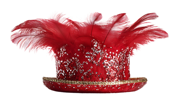 Red feathered hat with glitter isolated on transparent background
