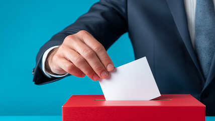 Voter placing ballot in box symbolizing democratic choice, civic participation, and a secure transparent election process.
