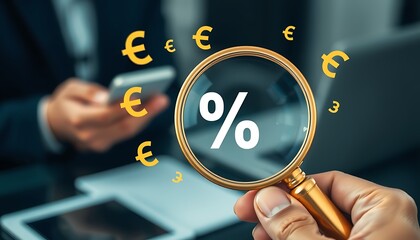 Magnifying glass focusing on percentage symbol with euro currency symbols image photo
