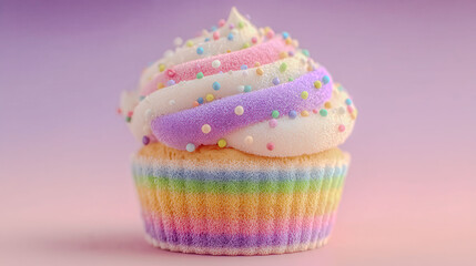 A cupcake with rainbow sprinkles on top. The sprinkles are in different colors and are scattered all over the cupcake