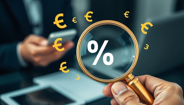 Magnifying glass focusing on percentage symbol with euro currency symbols image photo