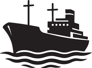 Fototapeta premium Black and white vector drawing of a cargo ship sailing on the sea.