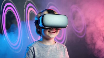 Child wearing VR headset experiencing immersive virtual reality world with glowing neon lights futuristic atmosphere and dynamic expressions for technology gaming and digital learning concepts - Powered by Adobe