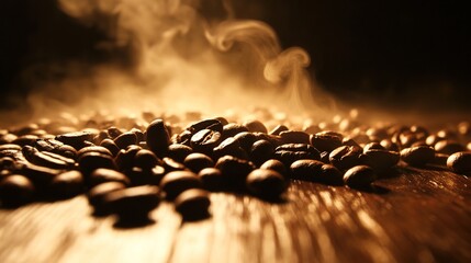 Freshly roasted coffee beans on wood with aromatic steam in warm directional light.