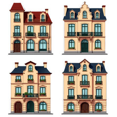 Fototapeta premium Four Detailed Illustrations of Elegant European Style Buildings.