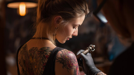 Portrait of a professional creative tattoo master in gloves doing wing tattoo on the back of a young woman in a tattoo parlor