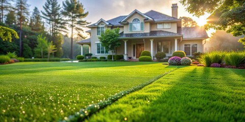 Obraz premium Golden Hour Illumination on a Lush Green Lawn, Showcasing a Picturesque Suburban Residence