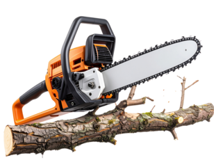Angled View of Chainsaw in Action Cutting Through Thick Branch, Motion and Sawdust, Transparent Background