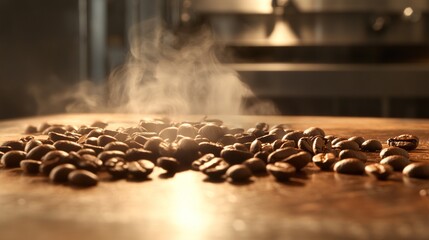 Freshly roasted coffee beans on wood with aromatic steam in warm directional light.