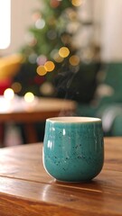 Teal mug steaming on wooden table, blurred Christmas tree background