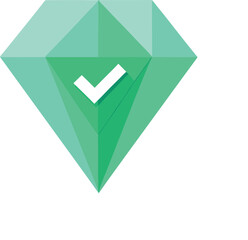 "Vector icon of a gemstone diamond with a green checkmark, flat modern style"