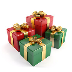 Obraz premium Delightful stack of festive red and green gift boxes adorned with elegant gold ribbons, perfect for celebrating holidays, birthdays, and special occasions with joyous anticipation.