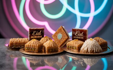 Delicious baklava pastries with eid mubarak inscriptions arranged on plates, symbolizing celebration and tradition