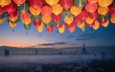 Vibrant and colorful sky lanterns float gracefully above a misty cityscape at dusk, creating a magical ambiance